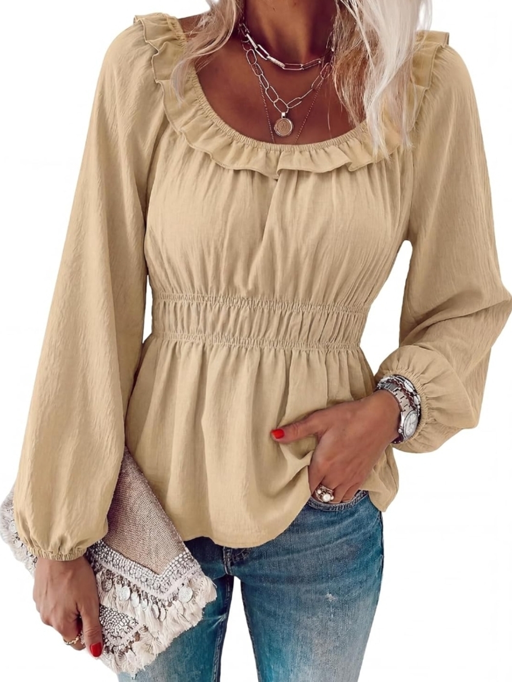 Heytalala Tan Puff Long Sleeve Babydoll Ruffle Peplum Blouse Size XL NWT